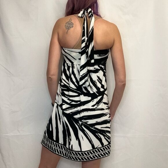 Apt 9 Women's Tropical Palm Fran Tie Halter Mini Dress M Med Medium Black Ivory - Picture 2 of 12
